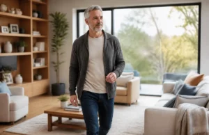 LifeVest : le rôle de ce gilet cardiaque avant un DAI Patient debout dans son salon avec une tenue confortable pour illustrer Lifevest à quoi sert au quotidien.