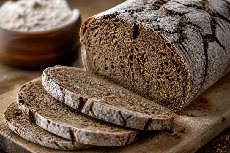 Tranches de pain de seigle artisanal posées sur une planche en bois dans une boulangerie
