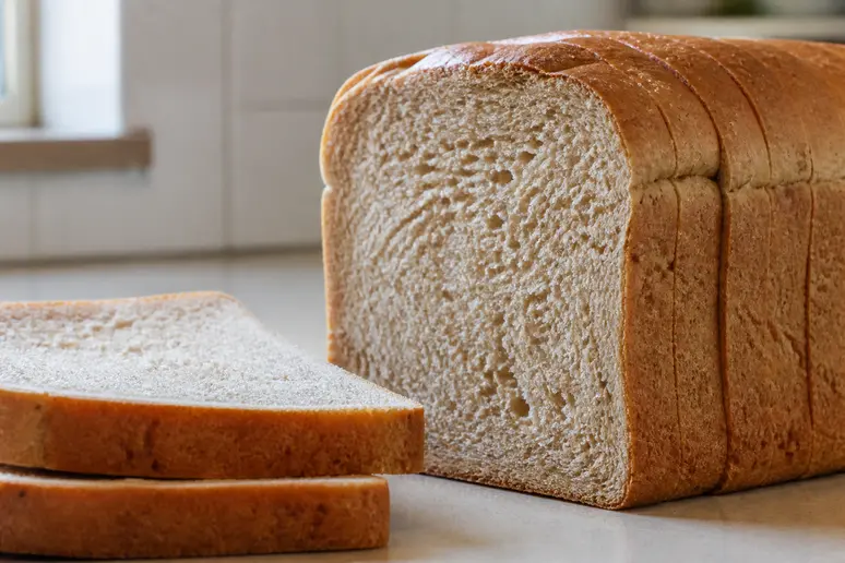 Tranches de pain de mie complet industriel à la texture moelleuse sur un plan de travail