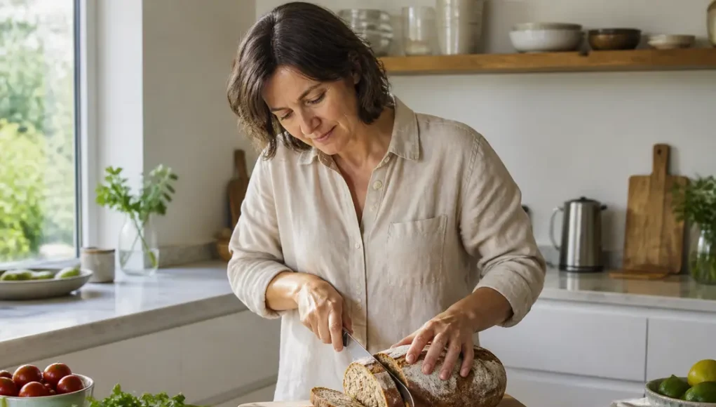 Femme coupant du pain au levain artisanal sur une planche en bois dans une cuisine lumineuse, idéal pour trouver le meilleur pain pour maigrir.