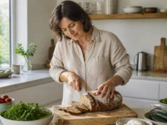 Quel est le meilleur pain pour maigrir sans pic de glycémie ? Femme coupant du pain au levain artisanal sur une planche en bois dans une cuisine lumineuse, idéal pour trouver le meilleur pain pour maigrir.