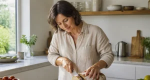 Quel est le meilleur pain pour maigrir sans pic de glycémie ? Femme coupant du pain au levain artisanal sur une planche en bois dans une cuisine lumineuse, idéal pour trouver le meilleur pain pour maigrir.