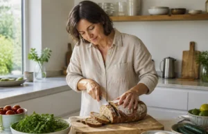 Quel est le meilleur pain pour maigrir sans pic de glycémie ? Femme coupant du pain au levain artisanal sur une planche en bois dans une cuisine lumineuse, idéal pour trouver le meilleur pain pour maigrir.