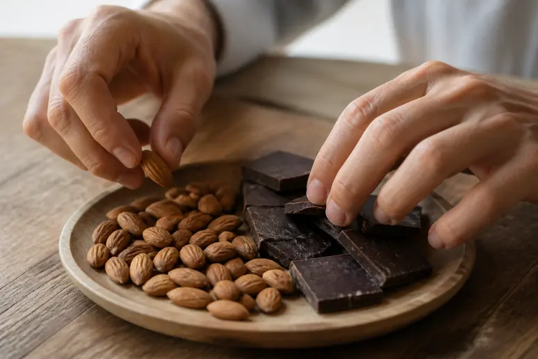 Mains triant des amandes et du chocolat noir pour contrer le manque de magnésium