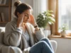 Paupière qui tressaute : faut-il consulter après 2 semaines ? femme se massant la tempe près d'une fenêtre pour soulager une paupière qui tressaute quand consulter