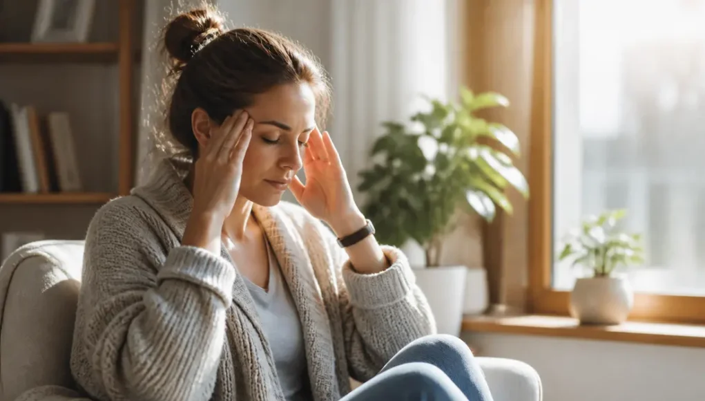 femme se massant la tempe près d'une fenêtre pour soulager une paupière qui tressaute quand consulter