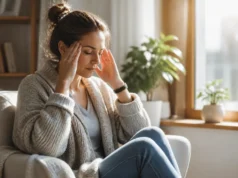 Paupière qui tressaute : faut-il consulter après 2 semaines ? femme se massant la tempe près d'une fenêtre pour soulager une paupière qui tressaute quand consulter
