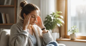 Paupière qui tressaute : faut-il consulter après 2 semaines ? femme se massant la tempe près d'une fenêtre pour soulager une paupière qui tressaute quand consulter