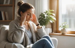 Paupière qui tressaute : faut-il consulter après 2 semaines ? femme se massant la tempe près d'une fenêtre pour soulager une paupière qui tressaute quand consulter