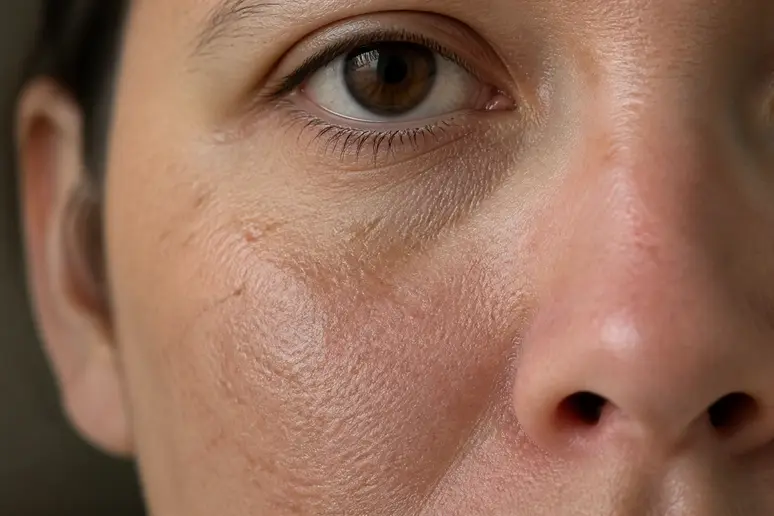 Examen minutieux des plaques rouges et des squames sur les zones du visage