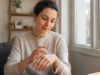 Tache rouge visage : diagnostic, soins et cortisone à éviter ? Femme appliquant une crème douce sur sa main, illustration de tache rouge visage causes traitements.