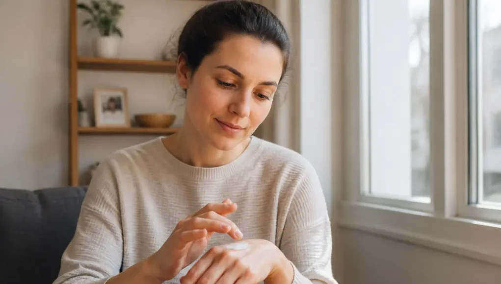 Femme appliquant une crème douce sur sa main, illustration de tache rouge visage causes traitements.