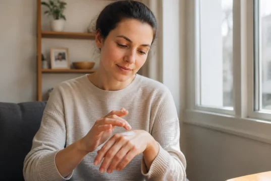 Tache rouge visage : diagnostic, soins et cortisone à éviter ? Femme appliquant une crème douce sur sa main, illustration de tache rouge visage causes traitements.