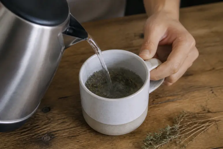 Geste précis pour infuser correctement une tisane de thym dans une tasse en céramique.
