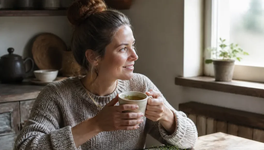 Une tasse fumante de tisane de thym bienfaits préparée sur une table en bois dans une cuisine lumineuse