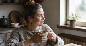 Tisane de thym : bienfaits, digestion et limite de 3 tasses Une tasse fumante de tisane de thym bienfaits préparée sur une table en bois dans une cuisine lumineuse