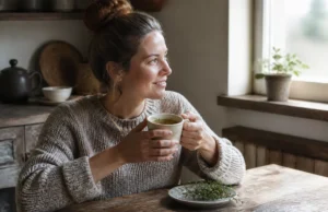 Tisane de thym : bienfaits, digestion et limite de 3 tasses Une tasse fumante de tisane de thym bienfaits préparée sur une table en bois dans une cuisine lumineuse