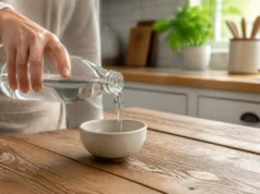Le vinaigre blanc tue-t-il les poux ou juste les lentes ? Un flacon de vinaigre blanc et poux sur le comptoir d'une cuisine lumineuse pour un traitement naturel