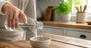 Le vinaigre blanc tue-t-il les poux ou juste les lentes ? Un flacon de vinaigre blanc et poux sur le comptoir d'une cuisine lumineuse pour un traitement naturel