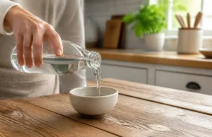 Le vinaigre blanc tue-t-il les poux ou juste les lentes ? Un flacon de vinaigre blanc et poux sur le comptoir d'une cuisine lumineuse pour un traitement naturel