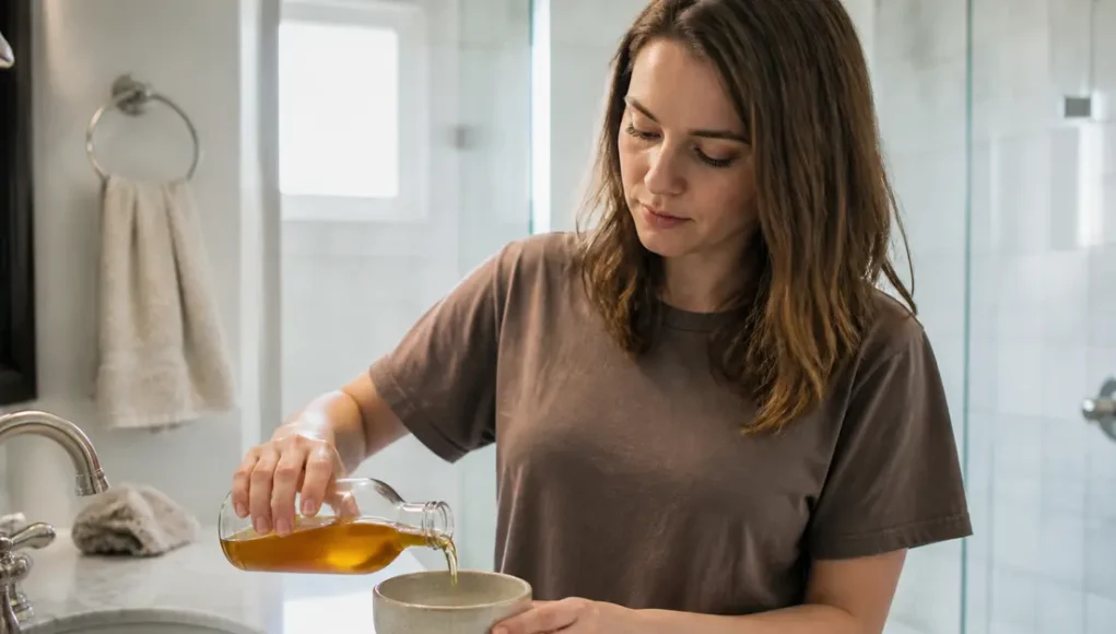 Femme préparant son eau de rinçage dans la salle de bain pour savoir comment utiliser vinaigre de cidre cheveux