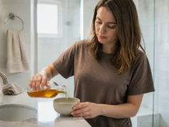 Comment utiliser le vinaigre de cidre sur les cheveux ? Femme préparant son eau de rinçage dans la salle de bain pour savoir comment utiliser vinaigre de cidre cheveux