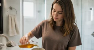 Comment utiliser le vinaigre de cidre sur les cheveux ? Femme préparant son eau de rinçage dans la salle de bain pour savoir comment utiliser vinaigre de cidre cheveux