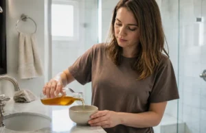 Comment utiliser le vinaigre de cidre sur les cheveux ? Femme préparant son eau de rinçage dans la salle de bain pour savoir comment utiliser vinaigre de cidre cheveux