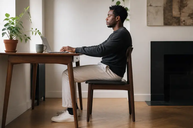 Personne assise sur une chaise stable les pieds à plat pour une séance de yoga sur chaise exercices faciles