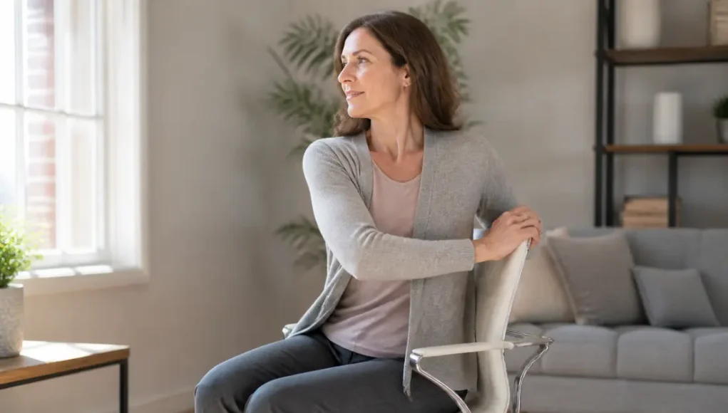Femme pratiquant le yoga sur chaise exercices faciles pour détendre le dos dans son salon lumineux.