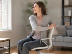 Yoga sur chaise : 4 exercices faciles pour dos et nuque Femme pratiquant le yoga sur chaise exercices faciles pour détendre le dos dans son salon lumineux.