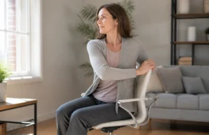Yoga sur chaise : 4 exercices faciles pour dos et nuque Femme pratiquant le yoga sur chaise exercices faciles pour détendre le dos dans son salon lumineux.