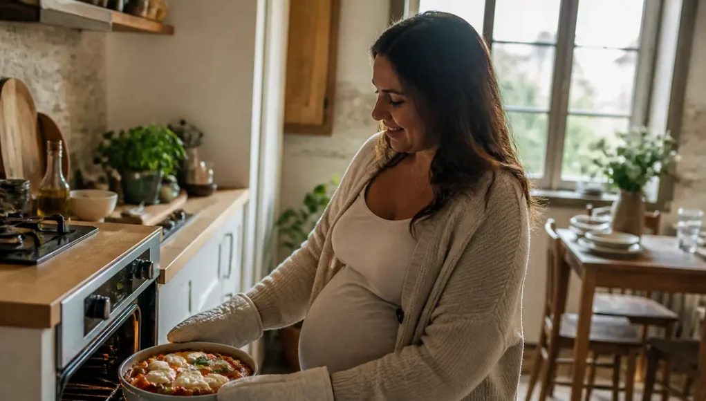 Une femme enceinte sort un plat chaud du four pour consommer de la burrata enceinte sans risque