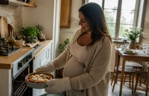 Burrata enceinte : lait pasteurisé ou cuisson au four Une femme enceinte sort un plat chaud du four pour consommer de la burrata enceinte sans risque
