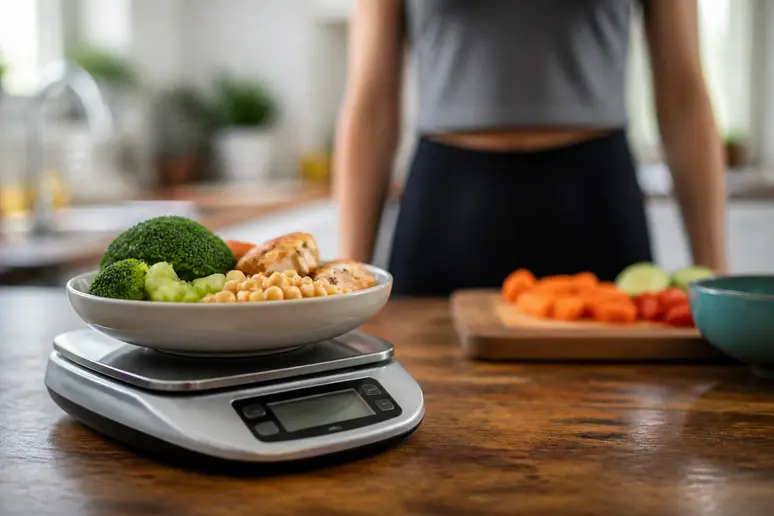 Balance de cuisine numérique posée sur une table en bois pour mesurer les portions alimentaires quotidiennes.