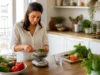 Calories par jour pour maigrir : comment éviter le blocage ? femme préparant un repas équilibré dans sa cuisine pour savoir combien de calories par jour pour maigrir
