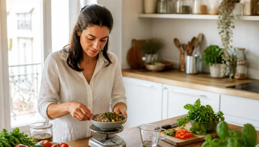 femme préparant un repas équilibré dans sa cuisine pour savoir combien de calories par jour pour maigrir