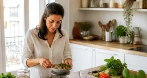 Calories par jour pour maigrir : comment éviter le blocage ? femme préparant un repas équilibré dans sa cuisine pour savoir combien de calories par jour pour maigrir