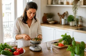 Calories par jour pour maigrir : comment éviter le blocage ? femme préparant un repas équilibré dans sa cuisine pour savoir combien de calories par jour pour maigrir