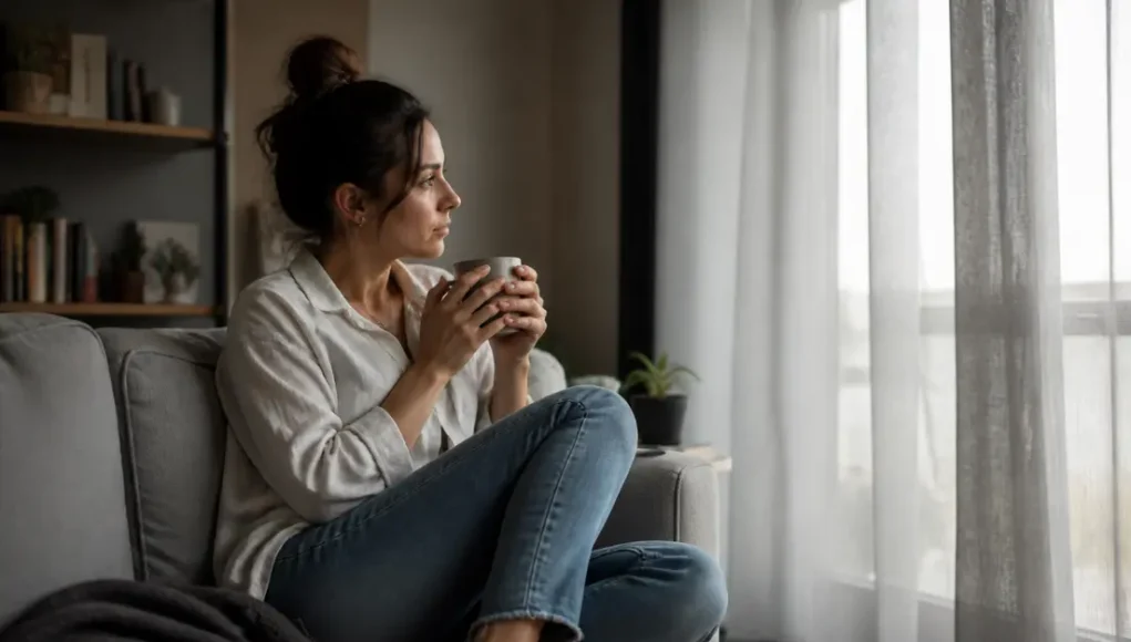 Femme assise dans un salon lumineux illustrant l'effet du silence sur le manipulateur et la gestion du stress