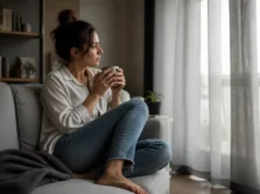Effet du silence sur le manipulateur et risque d’escalade Femme assise dans un salon lumineux illustrant l'effet du silence sur le manipulateur et la gestion du stress