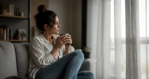 Effet du silence sur le manipulateur et risque d’escalade Femme assise dans un salon lumineux illustrant l'effet du silence sur le manipulateur et la gestion du stress