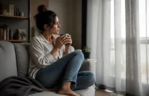 Effet du silence sur le manipulateur et risque d’escalade Femme assise dans un salon lumineux illustrant l'effet du silence sur le manipulateur et la gestion du stress