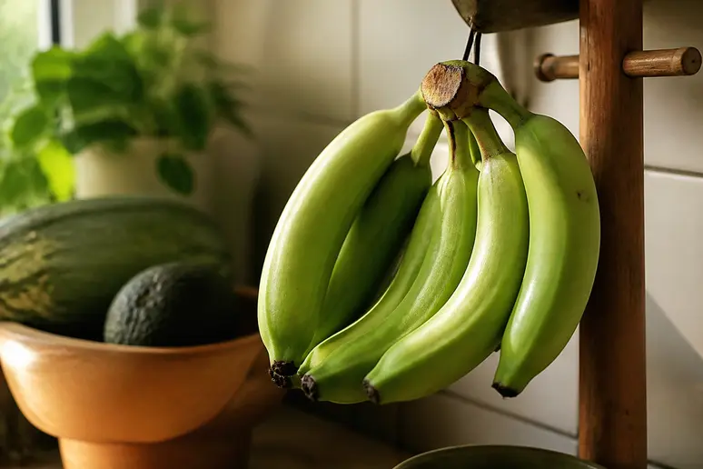 Gros plan sur des bananes vertes accrochées dans une cuisine pour comprendre l'impact des fruits non mûrs sur les bananes constipent