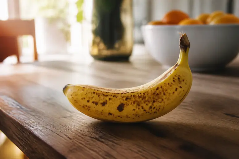 Une banane mûre et tachetée sur une table en bois illustrant les bienfaits pour le transit et les bananes constipent