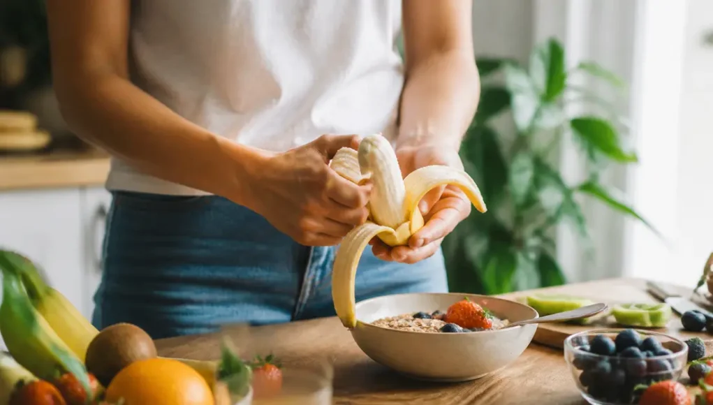Une personne prépare un fruit dans sa cuisine lumineuse pour comprendre si les bananes constipent le matin.