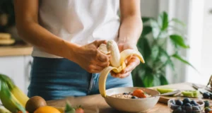 Les bananes constipent-elles ou ralentissent le transit ? Une personne prépare un fruit dans sa cuisine lumineuse pour comprendre si les bananes constipent le matin.