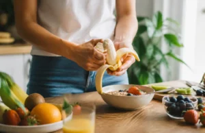 Les bananes constipent-elles ou ralentissent le transit ? Une personne prépare un fruit dans sa cuisine lumineuse pour comprendre si les bananes constipent le matin.