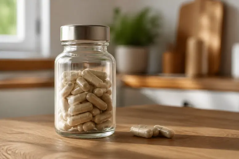 Flacon de complément alimentaire et gélules posés sur un plan de travail en bois.