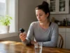 GLP Formula avis : quel effet réel sur le métabolisme ? Une femme mature examine attentivement une bouteille de GLP Formula avis métabolisme sur sa table de cuisine lumineuse